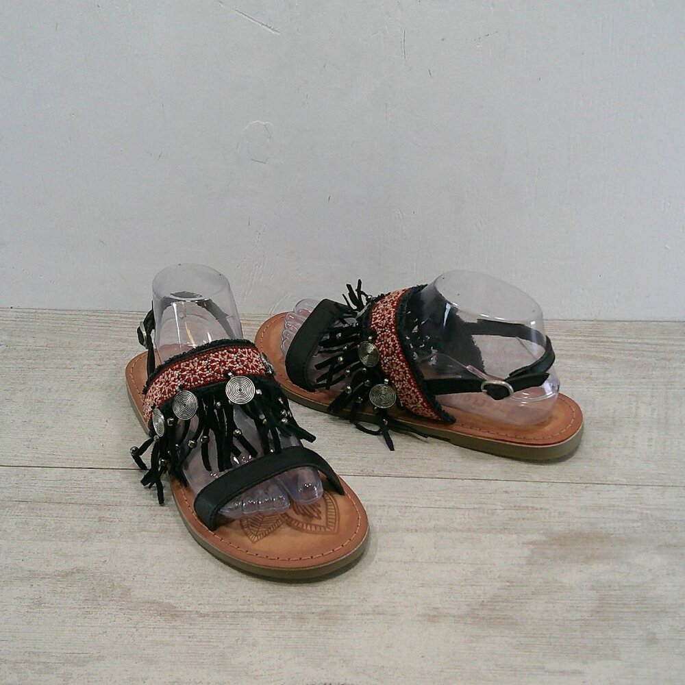 Musse & Cloud Maeba Aztec Insp Beaded Fringe Boho Leather Flat Sandals SZ 9